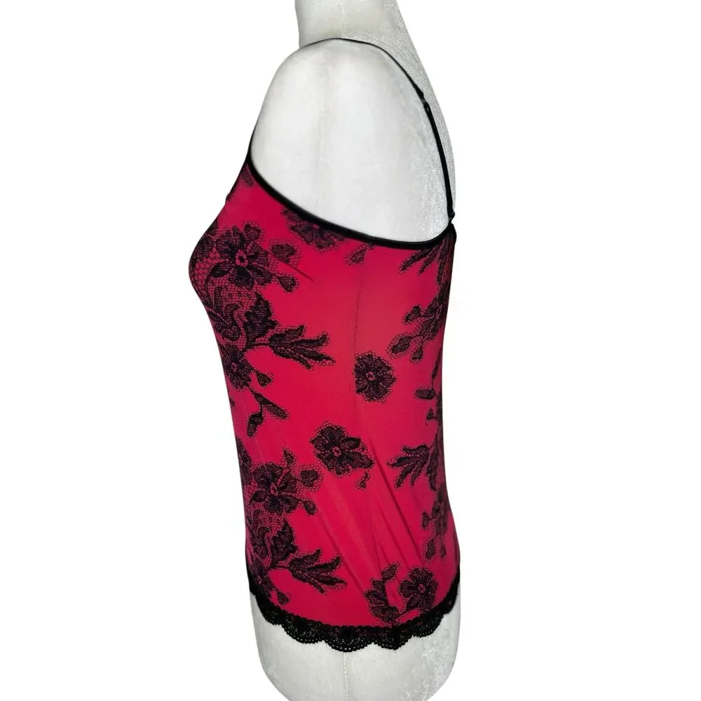 Jockey Vintage Y2K Pink Black Camisole Spaghetti Straps Sexy Lace Trim Medium
